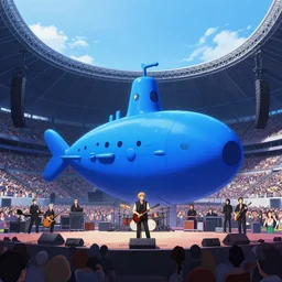 live concert of the band U2 in a very big stadium, Ilya Kuvshinov, digital, concept art, Kyoto animation, last exile, blue submarine no. 6,loish, murata range, kawaii, yoshitaka amano, studio lighting, manga, bright colors, beautiful, 28mm lens,alphonse mucha, vibrant high contrast, gradation, jean giraud, moebius, fantasy, rule of thirds, fibonacci, intricate, cel shaded, flat, matte print, makoto shinkai