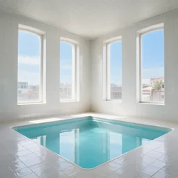 dreampool rooms, white ceramic tiles with light coming in from windows with blue skies, brutalism architecture, dreamy