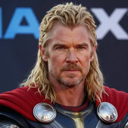 promotional image of Hugh Laurie as Thor in the new Avengers movie, realistic, detailed face, movie still frame, promotional image, imax 70 mm footage
