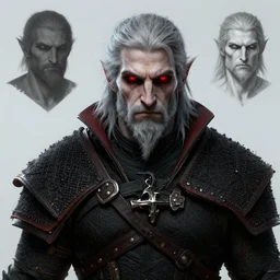 a digital art portrait of a pale vampire warrior with glowing red eyes and grey beard character design from dark souls, old inquisition witcher character sheet, 4 k, ultra detail, volumetric lighting, unreal engine, octane render