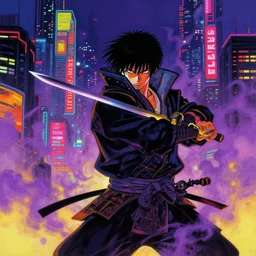 cyberpunk samurai drawing their sword in a futuristic neon city night covered in purple steam, colourful painting by yoji shinkawa