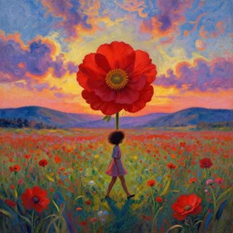 large red flower afro, full body, girl walking in the middle of a field with flowers, surreal photography, hills, sunrise dramatic light, impressionist painting, colorful clouds, digital painting, pointillism, artstation, simon stalenhag