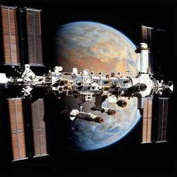 outside view of space station orbiting a strange planet, hyper realism, high detail, extremely detailed, very sharp, award winning photo, in the style of vivian maier