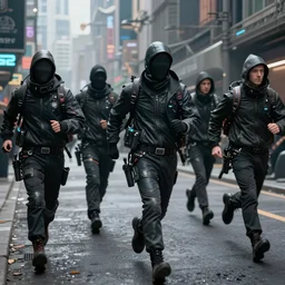 a hyperrealistic matte painting of a group of rebellious hackers, clothed in techwear, running through the streets of a dystopian city, matte painting, intricate detail, polished, cyberpunk style, concept art, trending on artstation