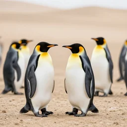 happy penguins in sand dunes, photography