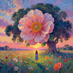 huge flower head, girl standing in flower field, surreal photography, big trees, sunrise dramatic light, impressionist painting, colorful clouds, digital painting, pointillism, artstation, simon stalenhag