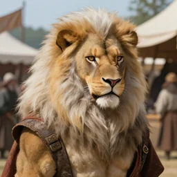 8 k yoshitaka amano painting of upper body of a young cool looking lion beastman with white mane at a medieval market at day. depth of field. renaissance style lighting.