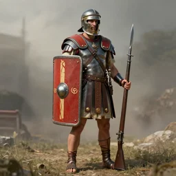 a roman legionnaire soldier in a 1 9 0 0 s french army. large square shield. bayonetted musket. trending on art station. 8 k. beautifully detailed. subject fully in frame. fantasy. hyper realistic.