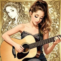 Ariana Grande playing acoustic guitar, manga, highly detailed, beauty, art by Takehiko Inoue, Artgerm, intricate, elegant, J. C. Leyendecker