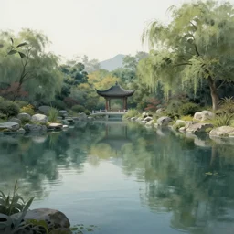 peaceful luxurious pond, matte painting, concept art