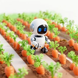 Illustration of a small robot driving between rows of growing carrots, powerpoint, 3D-Illustration