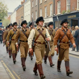 painting of Irish rebel soldiers marching down a street in Dublin holding rifles, 4K detail