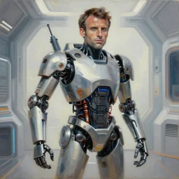 abstract painting of Emmanuel Macron in Star Wars, mechanical, sharp focus, trending on ArtStation, masterpiece, by Greg Rutkowski, by Ross Tran, by Fenghua Zhong, octane, soft render, oil on canvas, moody lighting, clean background inside a retro-futuristic room