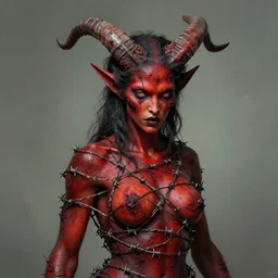 A horned female demon with red scarred skin is wrapped in barbed wire. Extremely high detail, realistic, fantasy art, solo, masterpiece, saturated colors, art by Zdzisław Beksiński, Arthur Rackham, Dariusz Zawadzki