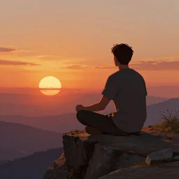 a man sitting cross legged on a cliff watching the sunset, painting, beautiful, digital art, harsh lighting, trending on art station, art by greg rutkowski and andreas rocha, 8 j