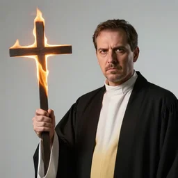 a beautiful! portrait of a stern preacher holding a burning cross