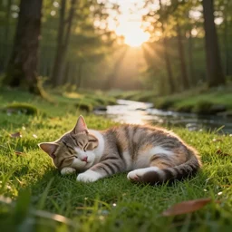 one cute cat sleeping on the grass in a forest near a small river at sunset, godrays, complementary colors, warm lighting, raytracing, highly detailed, high quality, 4k HDR, concept art, octane render, unreal engine 5, high coherence, calm, relaxing, beautiful landscape, serene, anatomically correct