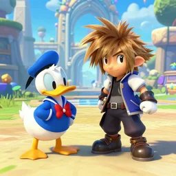 Fallout 4 inspired screenshot of kingdom hearts 3, Disney and final fantasy crossover, donald duck and goofy npc characters, Kingdom hearts styled gameplay, unreal engine 4, kingdom hearts 3, kingdom hearts, godrays, realistic lighting, pirates of the carribean, rapunzel, cinderella, disneys frozen, toy story 2, monsters inc, First person shooter game hud