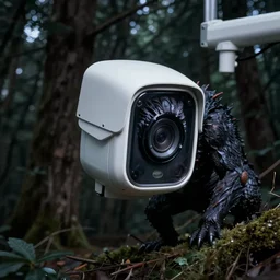 dark creature lurking in the woods, nighttime security camera footage