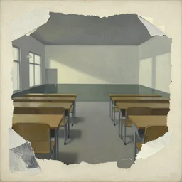 illustration of a 2 0 8 0 desolate depressing school scene by shaun tan, clean, emptyness, torn paper decollage, graphic novel, oil on canvas by edward hopper, ( by mattias adolfsson ), by moebius