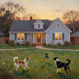dogs play in the backyard of a beautiful suburban home, 1 9 7 0 s sunrise painting by gaston bussiere, craig mullins, j. c. leyendecker