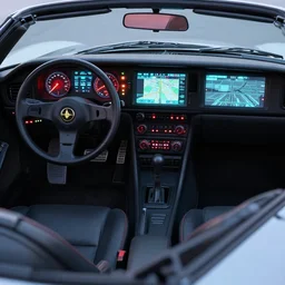 full - color digital photo of the dashboard and interior of a 1 9 7 8 model retrofuturistic sports - car, with glowing indicator lights and a crt displaying navigation maps. concept - car. cassette - futurism ; cassette - punk.