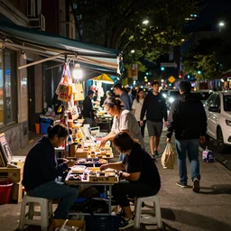 a busy outside city in usa, people outside sells, nighttime lifestyle, photorealistic
