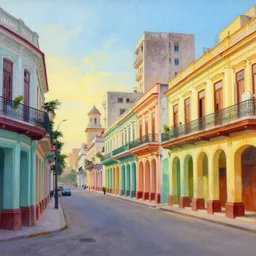 art nouveau painting of streets of Havana, Cuba, colorful, beautiful, diverse, golden hour