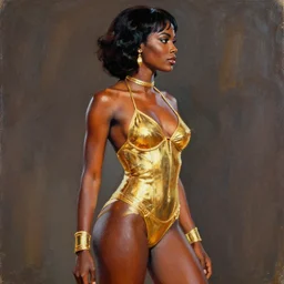 sc - fi movie poster from 6 0's, african dejah thoris seen from the side, gold bikini armor, acrylic painting, by leyendecker