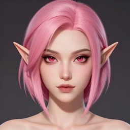 half elf woman, dungeons and dragons, beautiful, short pink hair, deep crimson eyes, digital art, smooth, character drawing, focused portrait, artstation, highly detailed, symmetry