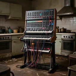 enourmous eurorack synthesizer with many cables and led lights, standing inside an old dirty kitchen, photorealistic