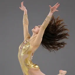 woman doing gymnastics with beautiful hair wearing gold embroidered dress, highly detailed, 8 k, masterpiece, super resolution.
