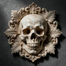 hyper realistic photography of intricate baroque skull ornament relief leaves, cinematic, symmetric detailed, artstation, cgsociety