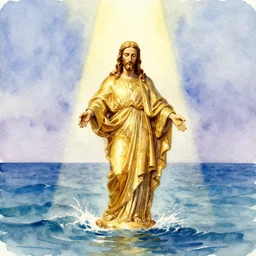 a watercolor painting of a golden statue of jesus in the middle of an ocean with a beam illuminating it, detailed, perfect faces