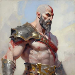greg manchess portrait painting of kratos as overwatch character, impasto, rough canvas textured, asymmetrical, profile image, organic painting, dynamic pose sunny day, loose brush strokes, hard edges, conceptart, art by gil elvgren and ruan jia and rob rey