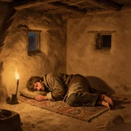 a warg sleeping on a mat in a corner of a adobe house, torchlit, concept art by marc simonetti and christophe vacher, trending on artstation