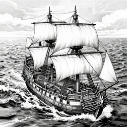 highly detailed ink illustration, high angle shot of the main deck of a vivid pirate ship as it sails through a stormy sea, b & w clean shaped illustration by kim jung gi