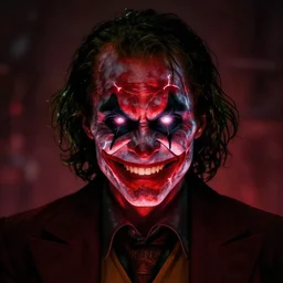 portrait of an intimidating glowing scary giant, face and skin is dark red, glowing eyes, glowing veins of white, hero, villain, concept art, centered, Joker