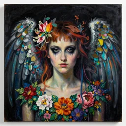pre-raphaelite punk rock dark rainbow noir angel painting, floral detail, smoky eyes, photo by Annie Leibovitz, Anton Fadeev