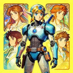 solar punk link from zelda!! solar cyborg portrait illustration, pop art, splash painting, art by geof darrow, ashley wood, alphonse mucha, makoto shinkai