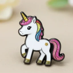 glitter enamel pin of a white unicorn with rainbow mane, product photography