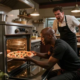 a bald black is putting a pizza in the oven while the restaurant owner is yelling at him