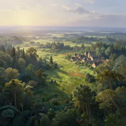 A beautiful painting of a meadow jungle landscape at the silver hour in dawn, view from above with the horizon in the upper third by thomas kinkade and Philipp A. Urlich, Trending on artstation, a medieval village by John Howe and Jonathan Berube and Pengzhen Zhang, Trending on artstation, highly detailed,v-ray render,photorealistic,4k hd wallpaper