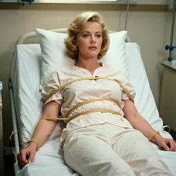 linda blair as reagan strapped to a hospital bed