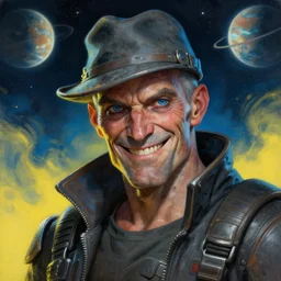 an intimate portrait of a gnarly human cyberpunk captain, old skin, faded hat, charming, strong leader, blue eyes, a look of cunning, big smile, detailed matte fantasy painting, the planets and night war rages behind him, yellow and blue and cyan