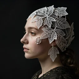 a woman's face in profile, made of intricate delicate lace leaf, in the style of the dutch masters and gregory crewdson, dark and moody
