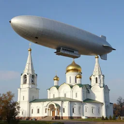 a large dieselpunk airship is standing in the air over a splendid white church in russia, full morning sun, matte painting by greg rutkowski, craig mullins, federico pelat, levitan, rozalski