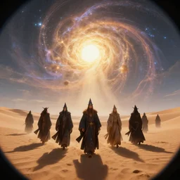 group of wizards walking through a flat desert plateau, fantasy art, view from below, brightly lit, fractal sky. fish eye lens