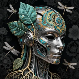 dark scene, ultra detailed, of a large metal gothic helmet, biomechanical cyborg. big leaves and large Dragonflies, stems, roots, fine foliage lace, turquoise gold details, high fashion haute couture, art nouveau fashion embroidered,  intricate details, mesh wire, mandelbrot fractal, anatomical, facial muscles, cable wires, elegant, hyper realistic, dark flower pattern wallpaper, ultra detailed