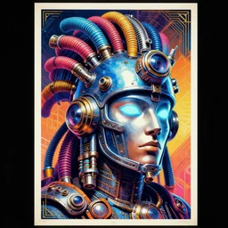 poster art of a steampunk avatar head, wearing a glowing blue and silver metallic aztec futurism helmet with multicolored tubes and shiny metallic devices, 8 k, fluorescent colors, insanely integrate, 7 0 ties poster style, retro art deco poster style